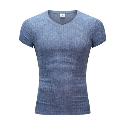 Men V Neck Short Sleeve T Shirt Fitness Slim Fit Sports Strips T-shirt Male Solid Fashion Tees Tops Summer Knitted Gym Clothing.