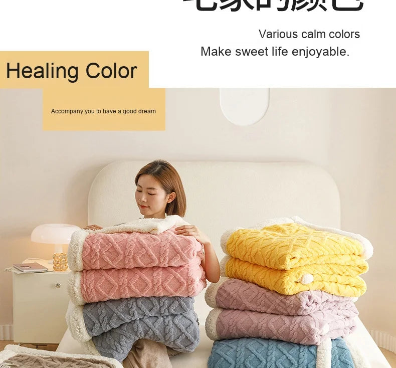 Lamb Fleece Double-Sided Velvet Blanket Double-Layer Thickened Woven Polyester Wearable Blanket.
