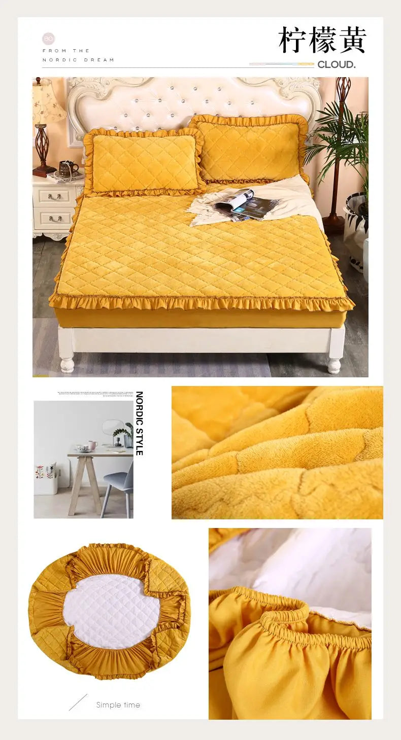 Fashion Flannel Bed Fitted Sheet Quilted Mattress Cover Soft and Comfortable Lace Fit Elastic Band Bed Sheet