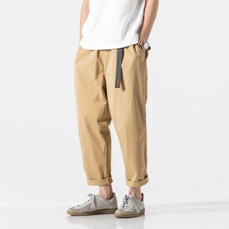 100% Cotton Casual Summer Pants With Belt Men Straight Baggy Ankle-Length Cargo Trousers Wide Leg Sweatpants Male Streetwear.