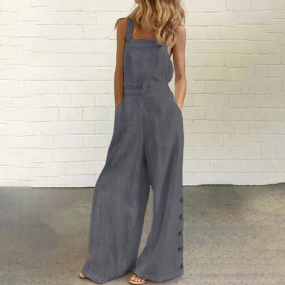 Women Jumpsuit Summer Sleeveless Solid Color Wide Leg Pockets Loose Strappy Playsuit Overall Wide Leg Pockets mono mujer verano.