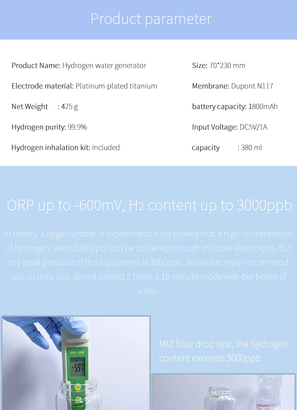 Max 3000ppb Hydrogen Rich Water Generator- 3 in 1 use(Breath with tube) DuPont SPE+PEM Dual Chamber H2 electrolysis Water Bottle.