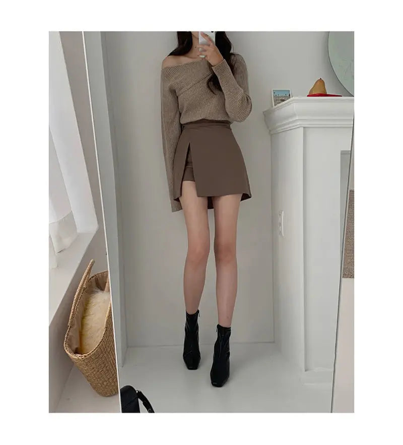 Mini Skirts Women Irregular Solid Side-slit Stretchy Korean Style Trendy Chic OL High Waist Female Bottom Popular Spring Autumn.