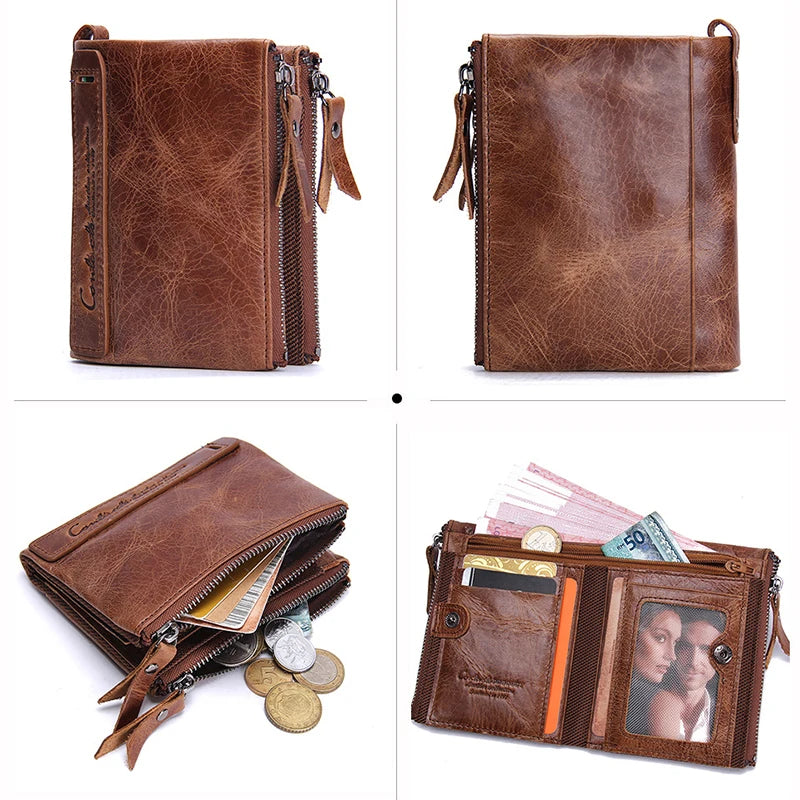 Fashion Genuine Leather Women Wallet Bi-fold Wallets Red ID Card Holder Coin Purse With Double Zipper Small Women's Purse 2022.