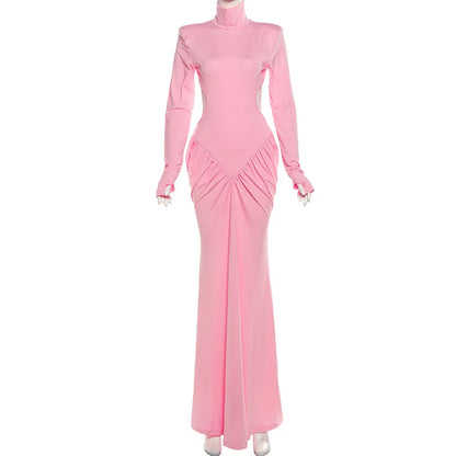 Sexy Backless Long Dress for Women Turtleneck Evening Party Ruched Dress Elegant Solid Long Sleeve Streetwear Maxi Dress 3472.