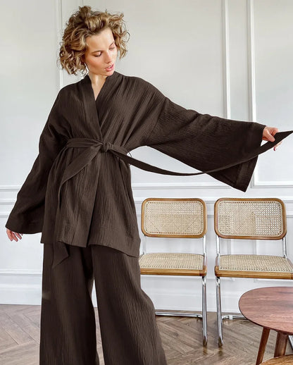 NHKDSASA Kimono Pajamas 2023 New 100% Cotton Crepe Long-Sleeved Trousers Ladies Sleepwear Suit Women's Home Service Mujer