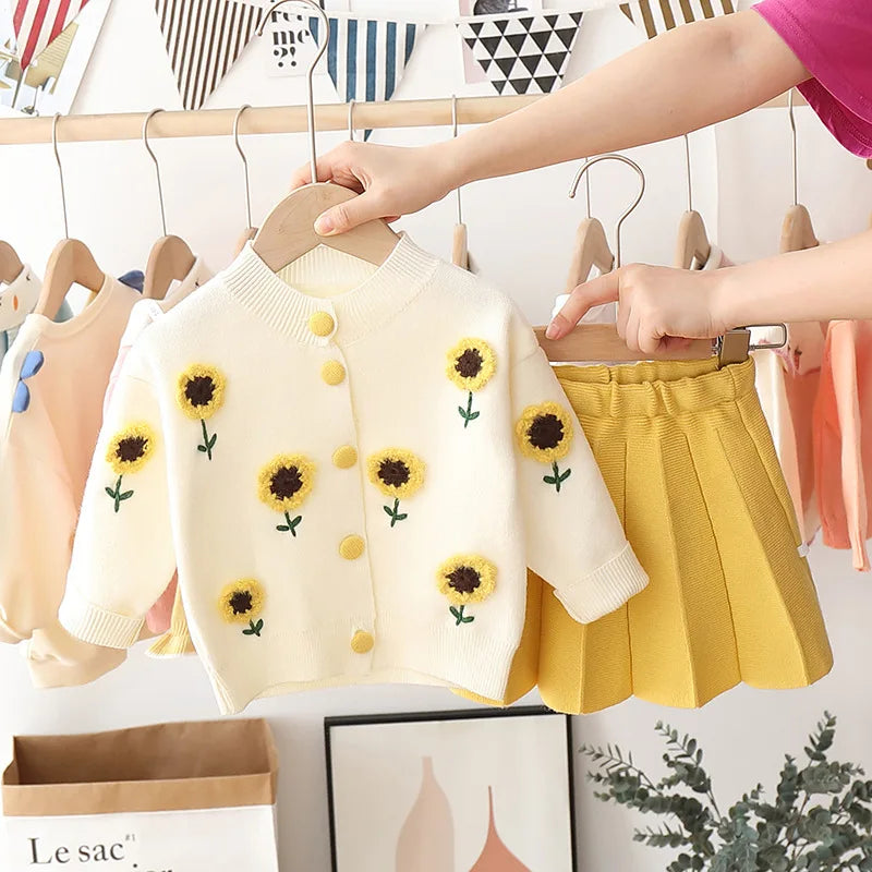 Girls long sleeve knitting suit 2025 Christmas autumn winter new girls sweater cardigan knitting Top + skirt two piece set.