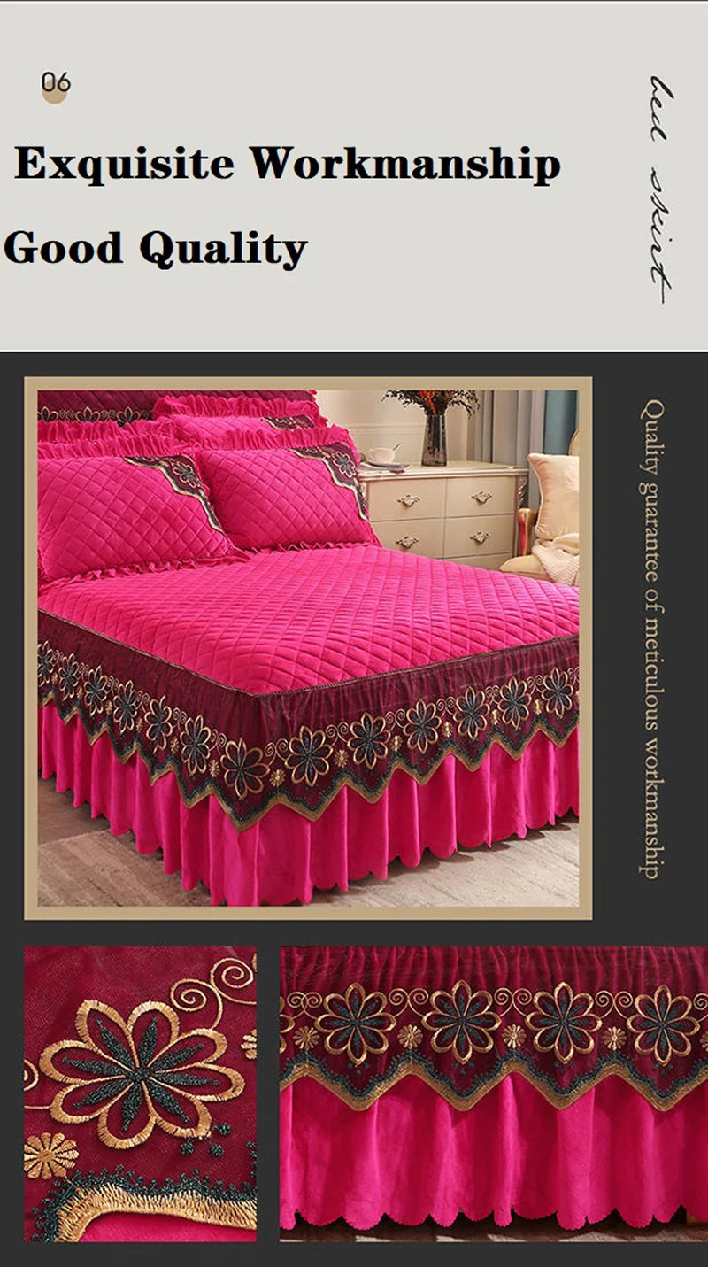 European Luxury Quilted Bed Skirt Winter Warm Thicken Velvet Bedspread King Good Hand Feeling Bed Skirt Not Included Pillowcase.