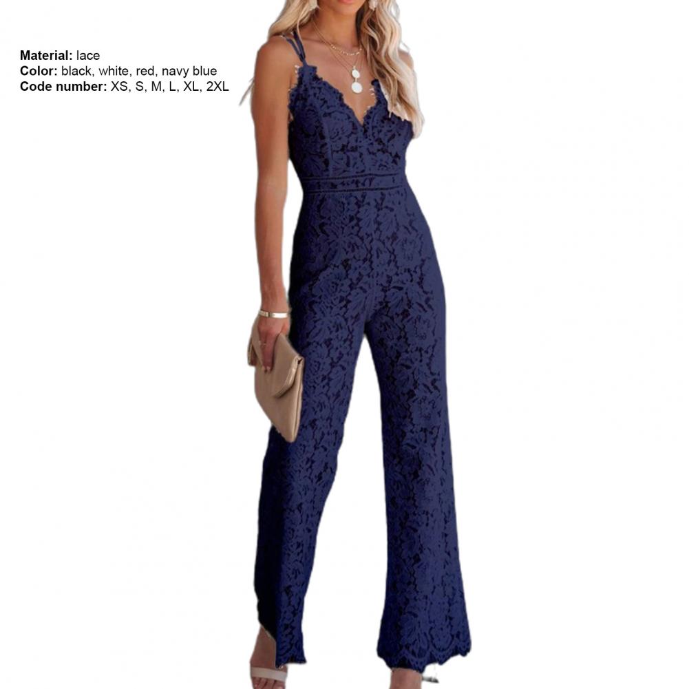 Solid Lace Jumpsuits Women Sleeveless Romper High Waist V-Neck Wide Leg Playsuits and Jumpsuit Women bodysuit Combinaison femme