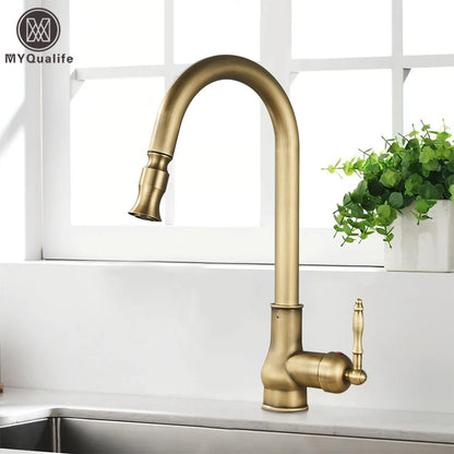 Antique Brass Kitchen Sink Faucet Pull Down Swivel Spout Kitchen Deck Mounted Bathroom Hot and Cold Water Mixers Tap