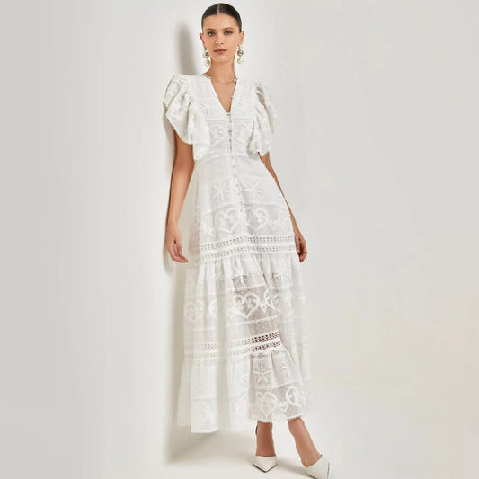 New Summer Elegant Embroidered Flowers Lotus Sleeves V-neck Woman Dress Lady Cotton Casual Dress