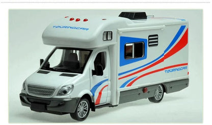 1:28 Diecast Luxury RV Recreational Vehicle Car Model Metal Camper Van Motorhome Touring Car Model Sound and Light Kids Toy Gift.