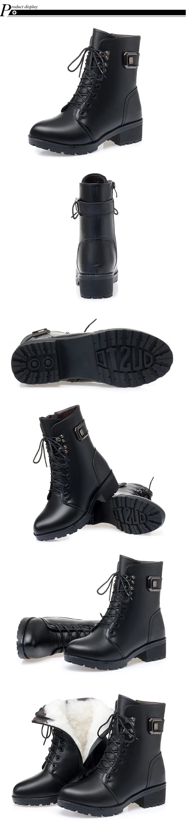 WOIZGIC Female Ladies Women Genuine Leather Ankle Boots Platform Winter Antumn Plush Fur Warm Shoes Plus Size Lace Up 35-43.