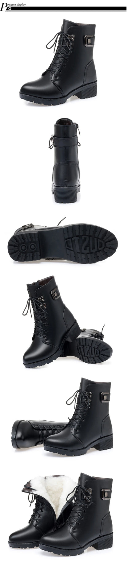 WOIZGIC Female Ladies Women Genuine Leather Ankle Boots Platform Winter Antumn Plush Fur Warm Shoes Plus Size Lace Up 35-43.