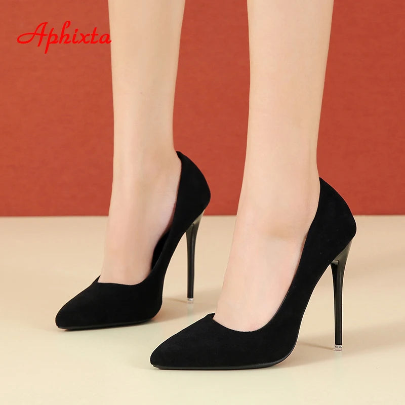 Aphixta 12cm Super High Stiletto Heels Pumps Women Office Flock Pointed Toe Thin Heel Party Shoes Woman Plus Large Size 44 45.
