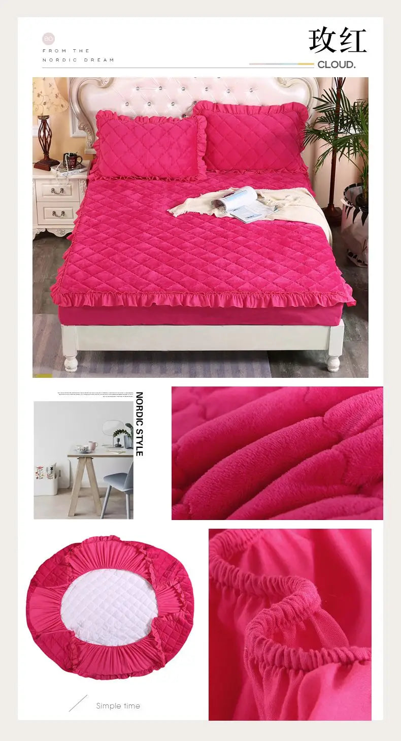 Fashion Flannel Bed Fitted Sheet Quilted Mattress Cover Soft and Comfortable Lace Fit Elastic Band Bed Sheet