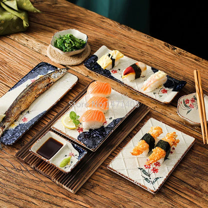 Japanese Style Set Tableware Cuisine Restaurant Commercial Retro Plate Rectangular Ceramic Net Red Tray Sushi Plate Dish.