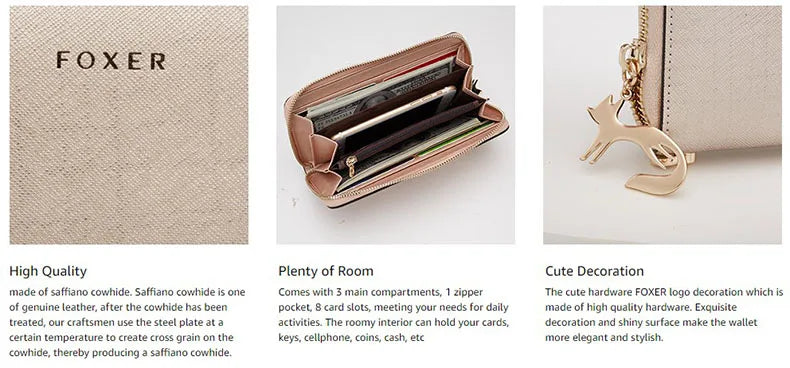 FOXER Women Split Leather Wallet Bifold Clutch Bag with Wristlet Fashion Card Holder Coin Purse Cellphone Bag Female Money Bag.