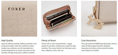 FOXER Women Split Leather Wallet Bifold Clutch Bag with Wristlet Fashion Card Holder Coin Purse Cellphone Bag Female Money Bag.