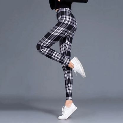 CUHAKCI Mode Plaid Druck Leggings Frauen Sexy Fitness Leggins Grid Floral Streifen Hosen Hohe Taille Bleistift Hosen