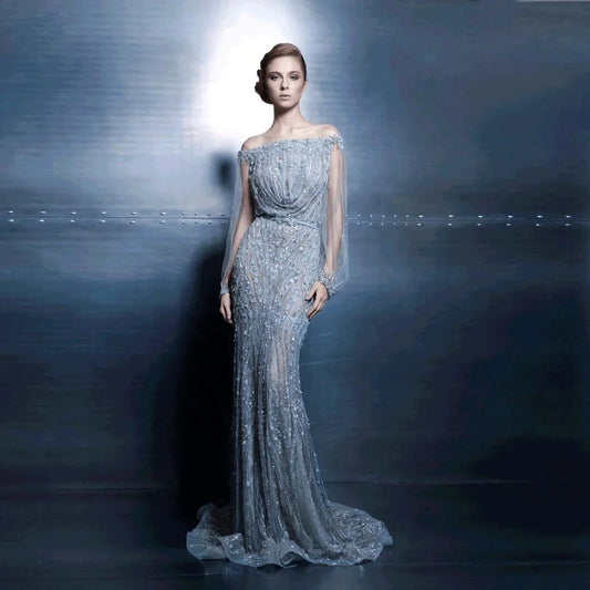 PEV-L3058 Luxury Heavy Beaded Party Gowns See Through Long Sleeve Customized Sexy Off Shoulder Evening Dress From Istanbul