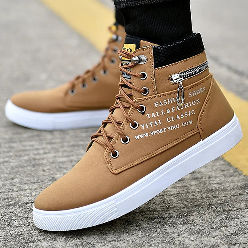 Spring Autumn High Top Men's Shoes Leather Men's Casual Sneaker Shoes Lace-up Wild Platform Sneakers Flat Vulcanized Shoes.
