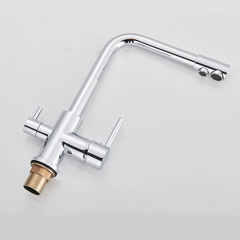Filter Kitchen Faucet Chrome Drinking Pure Water Kitchen Tap Deck Mounted Dual Handles 3-Ways Hot and Cold Water Mixer