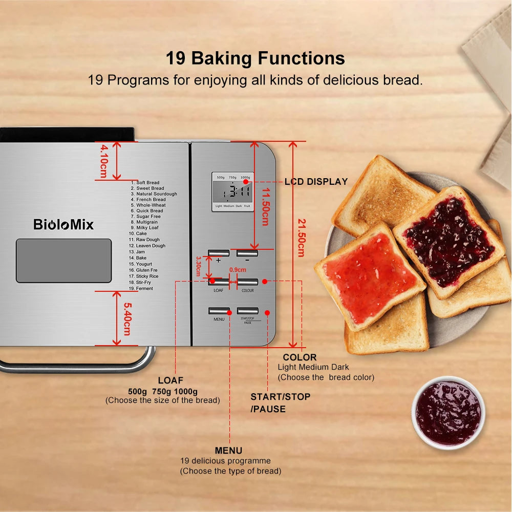 Biolomix Stainless Steel 1KG 19-in-1 Automatic Bread Maker 650W Programmable Bread Machine with 3 Loaf Sizes Fruit Nut Dispenser.