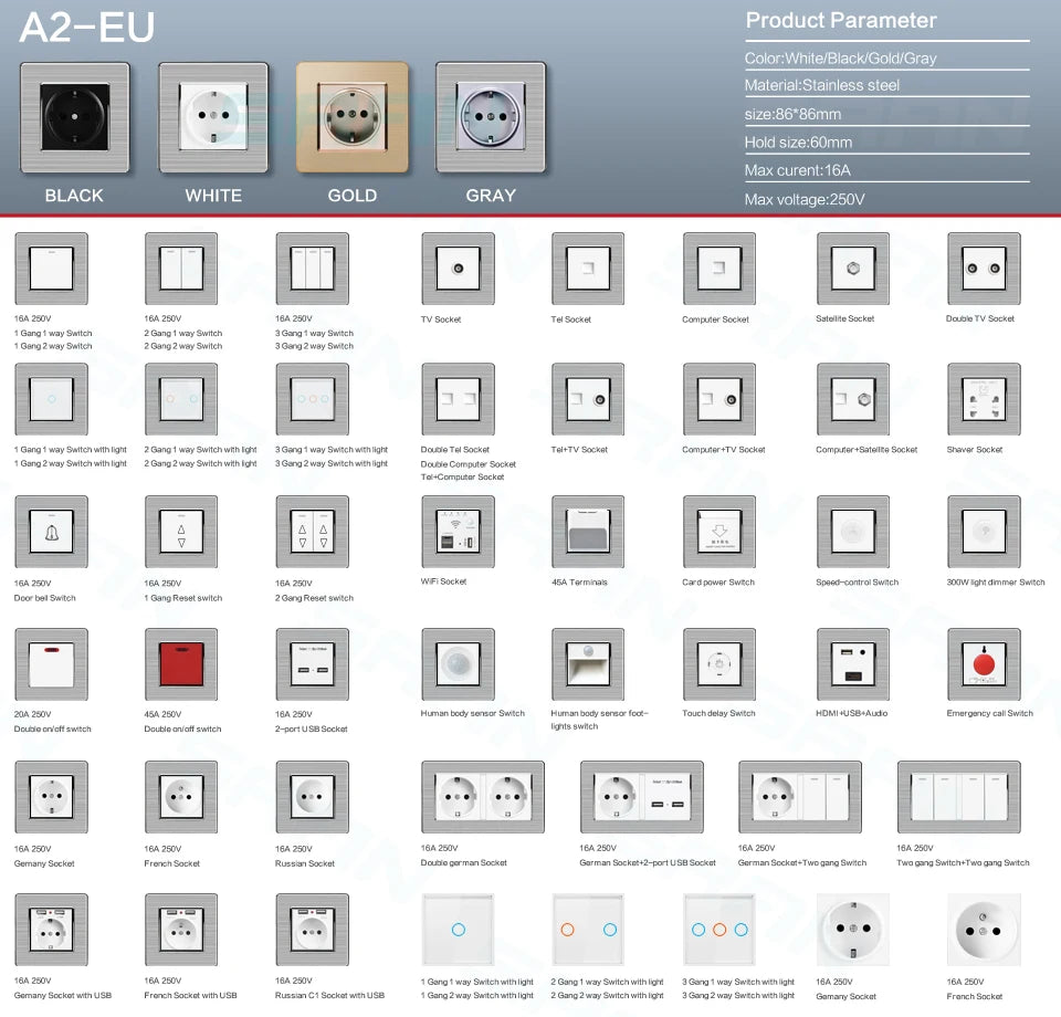 SRAN EU16A 250V Wandsteckdose mit Schalterknopf Steckdose Russland Spanien Edelstahl Glas PC Panel Steckdosen.