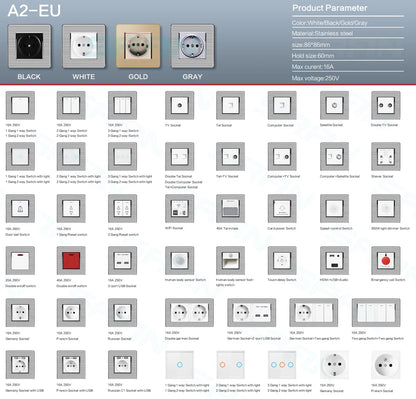 SRAN EU16A 250V Wandsteckdose mit Schalterknopf Steckdose Russland Spanien Edelstahl Glas PC Panel Steckdosen.
