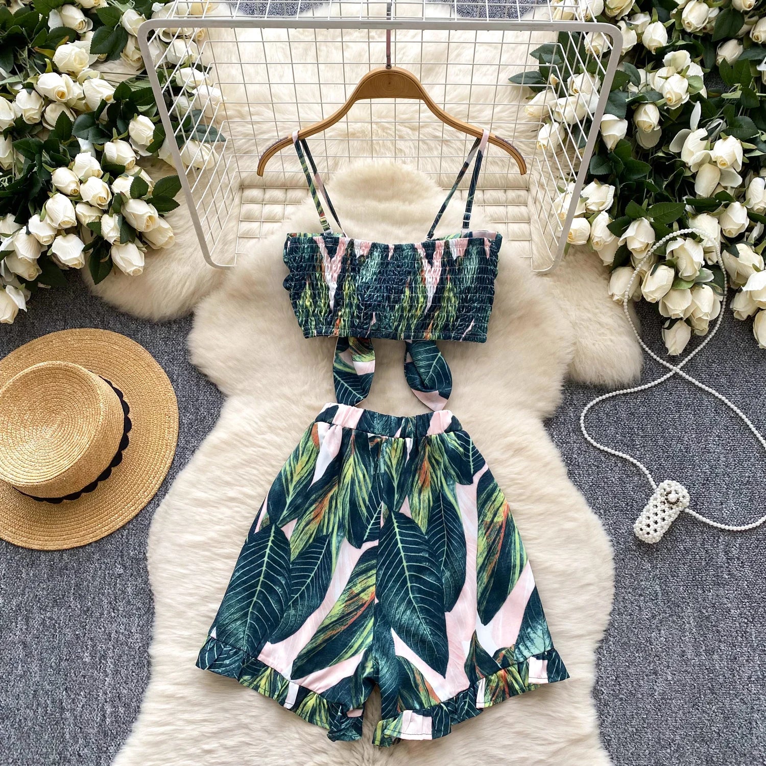 Summer Women's Casual Sets Bandage Top And High Waist Printed Shorts Set American Clothing Wholesale.