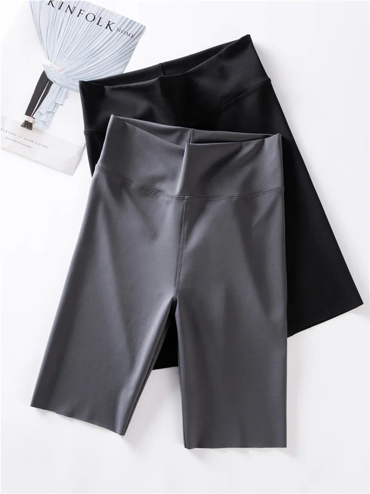 BIVIGAOS Summer Sharkskin Fabric Biker Shorts Women's Thin Black Cycling Shorts Slim Skinny Sport High Waist Fitness Shorts.