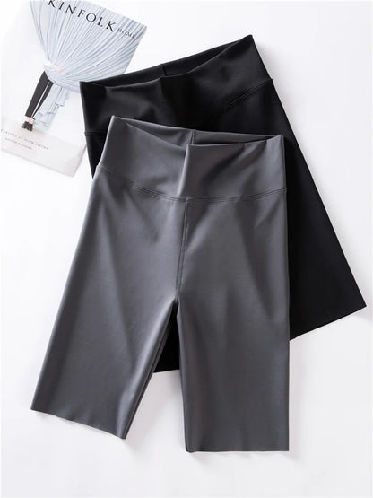 BIVIGAOS Summer Sharkskin Fabric Biker Shorts Women's Thin Black Cycling Shorts Slim Skinny Sport High Waist Fitness Shorts.