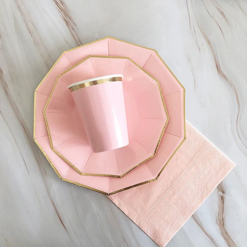 40pcs/set Yellow Green Pink Blue Paper Plates Cups Disposable Tableware Set for Wedding Birthday Party Baby Shower Supplies.