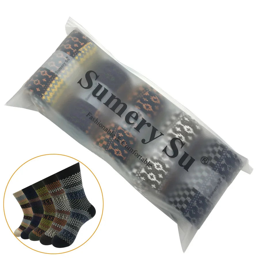 5 Pairs/Lot Wool Socks Men Winter Warm Cashmere Comfortable Long Crew Casual Bohemian Sock Male Gift for Husband Father 4 Styles.
