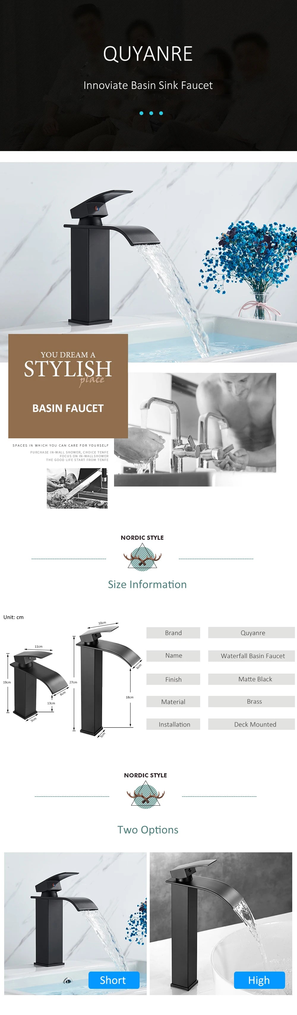 Quyanre Matte Black Waterfall Basin Faucet Single Handle Mixer Hot Cold Water Basin Crane Tap For Bathroom Wash Basin Mixer Tap