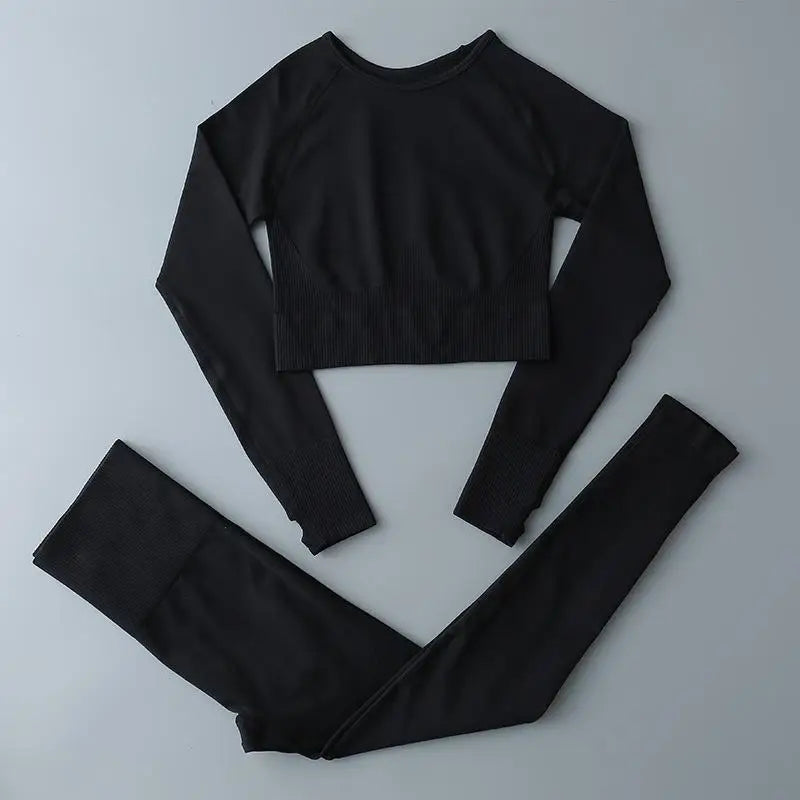 High Waist Elastic Seamless Yoga Wear Women Fitness Clothes Gym Clothing Workout Set Long Sleeve Crop Top Leggings Sports Suit