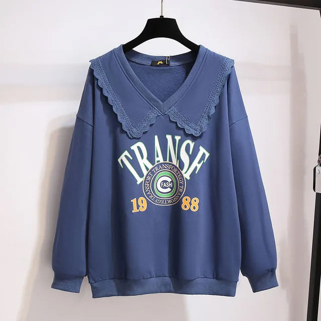150Kg Plus Größe frauen Herbst Faul Stil Puppe Kragen Sweatshirts Fehlschlag 157cm 6XL 7XL 8XL 9XL 10XL lose Dünnen Langen Ärmeln Top