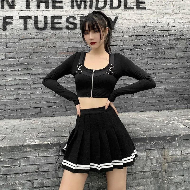 Vintage Korean Style Patchwork Skirt Harajuku JK Black Pleated Skirts Gothic Streetwear High Waist Mini Skirt Women Punk Skirt.