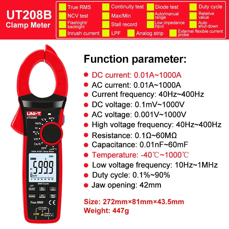 UNI-T Zangenmessgerät UT207B UT208B AC DC Amperometrische Zange Digitalmultimeter Amperemeter Zange Einschaltstrom Tester Werkstatt Werkzeuge
