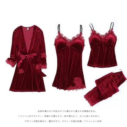 Autumn Velvet Women 4PCS Pajamas Set Sleepwear Burgundy Velour Bathrobe Nightwear Lace Patchwork Pijamas Suit Sexy Negligee.