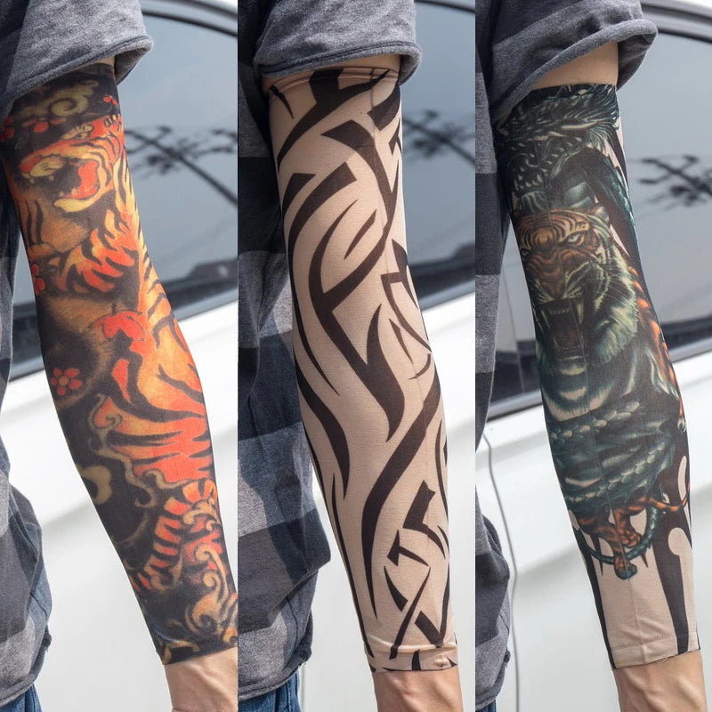 3PCS/lot new mixed 100%Nylon elastic Fake temporary tattoo sleeve skull wolf totem dragon designs body Arm stockings cool men