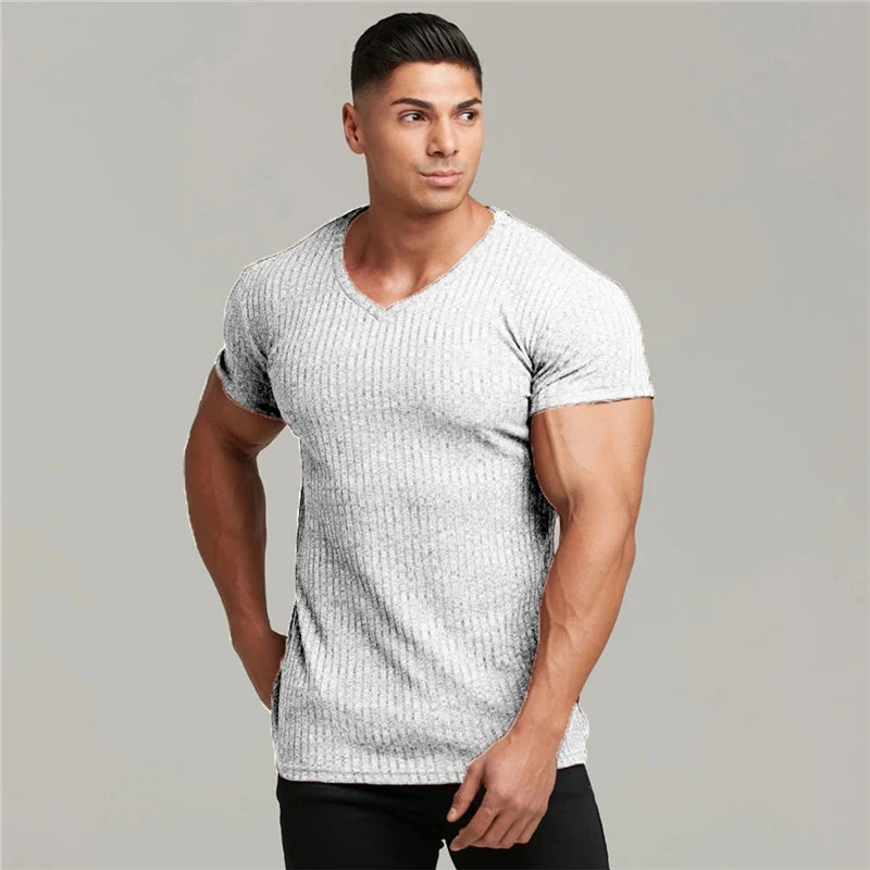 Men V Neck Short Sleeve T Shirt Fitness Slim Fit Sports Strips T-shirt Male Solid Fashion Tees Tops Summer Knitted Gym Clothing.