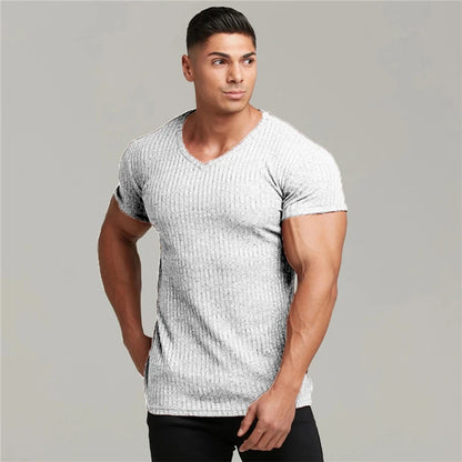 Men V Neck Short Sleeve T Shirt Fitness Slim Fit Sports Strips T-shirt Male Solid Fashion Tees Tops Summer Knitted Gym Clothing.