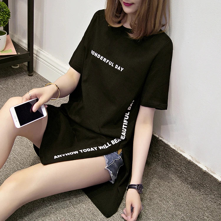 WONDERFUL DAY Print Long T shirts Summer Women Loose Slit Femme Tops  Tshirt Short sleeve Ladies t-shirt