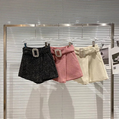 2022 Spring Autumn New shiny sequins Plaid Shorts with Belt for Lady Rhinestone Bright Silk Tweed Folding Short Boots Women.
