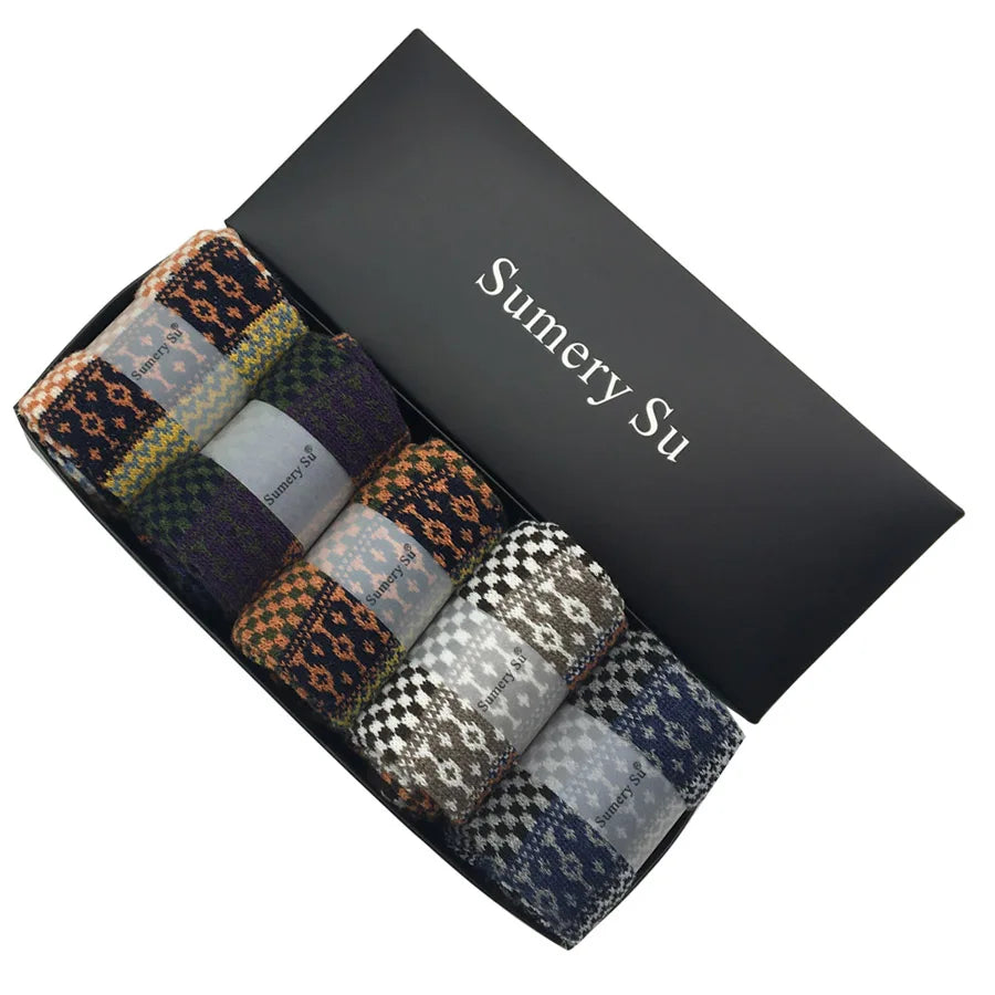 5 Pairs/Lot Wool Socks Men Winter Warm Cashmere Comfortable Long Crew Casual Bohemian Sock Male Gift for Husband Father 4 Styles.