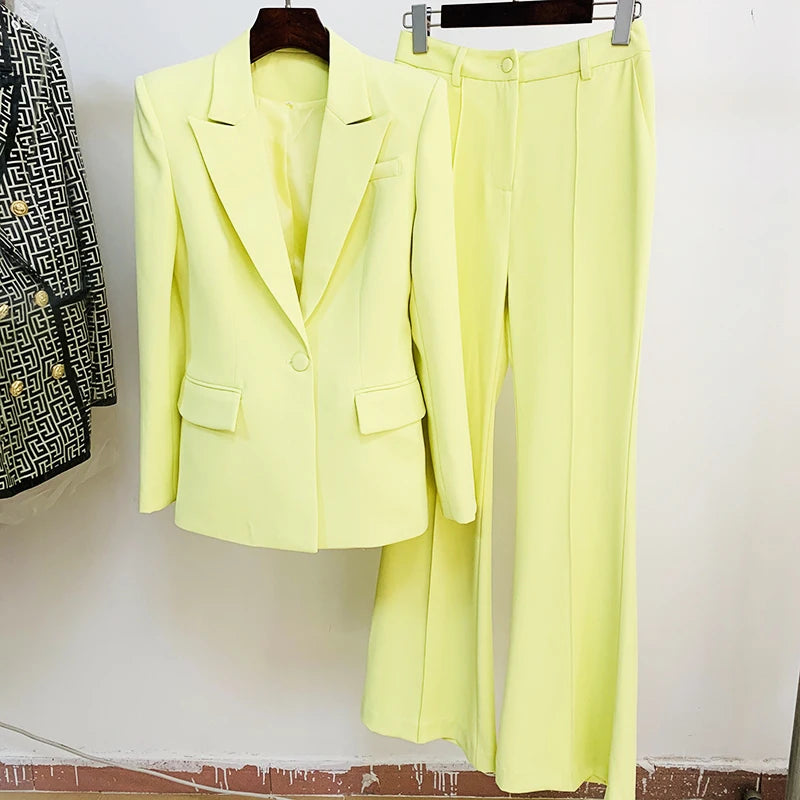 HIGH STREET Newest 2024 S/S Designer Runway Suit Set Women Single Button Slim Fit Blazer Flare Pants Suit Two Pieces.