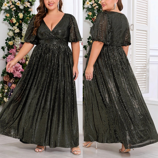 Trendy Luxury Plus Size Women Elegant Evening Dresses Short Sleeve A-line Shiny Party Dresses Women Church Dresses With Lining