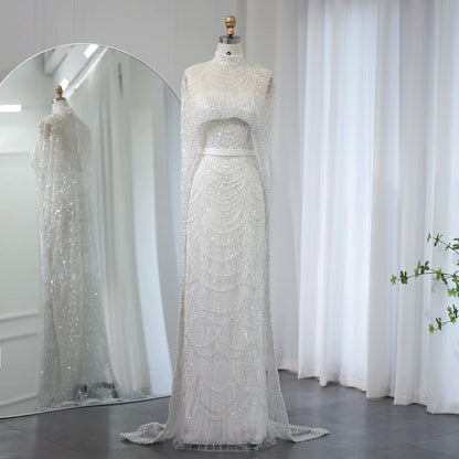 Jancember SZ369 Luxury Heavy Beaded Pearls Mermaid Evening Party Dresses With Shawl.